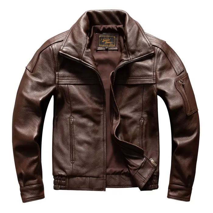 Veste en cuir marron pour homme, veste de pilote vintage avec col montant, style militaire, fermetur