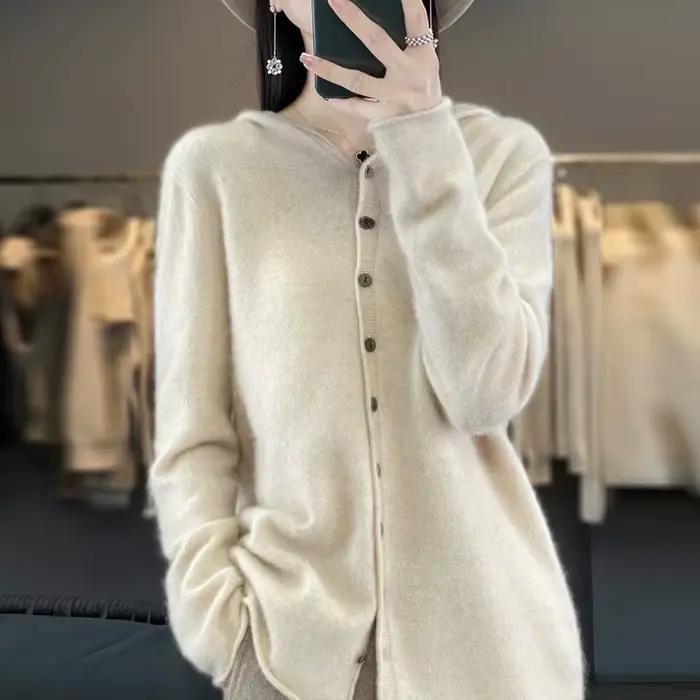 Pull cardigan en laine à capuche pour femmes, haut à manches longues, style coréen, nouveau, vestes,