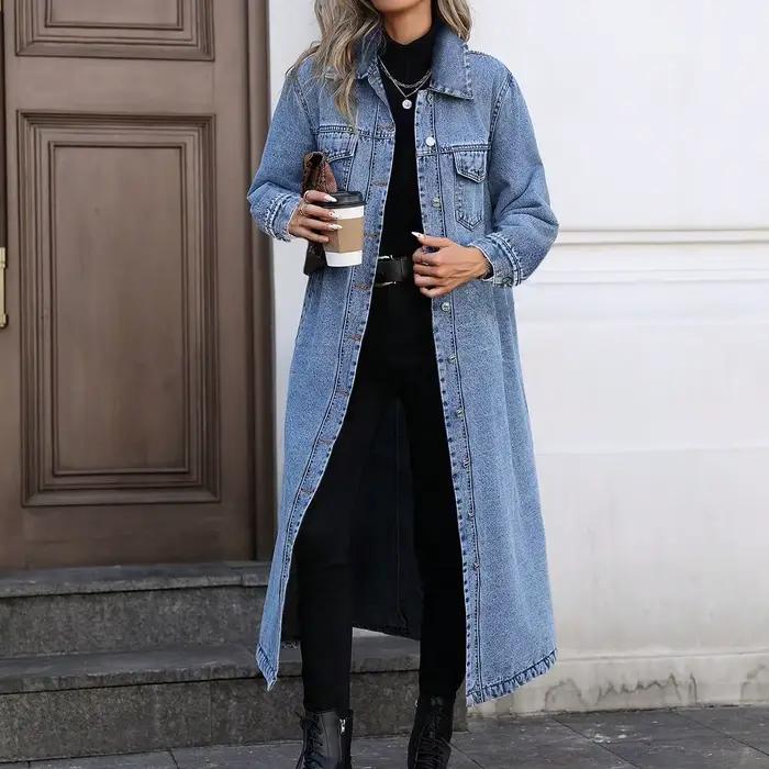 Manteaux en Denim Moto Biker Jeans pour femmes vestes longues poche manches longues simple boutonnag