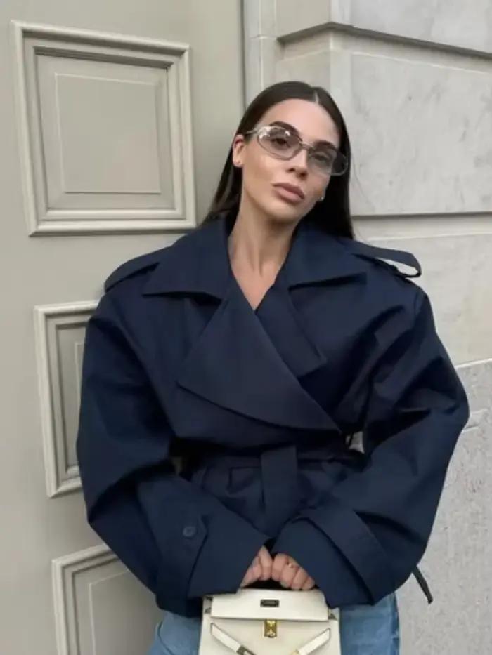 Trench-Coat noir à col montant pour femme, coupe-vent ample à manches longues, simple boutonnage, à 
