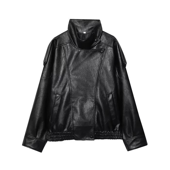 Vestes bomber noires pour femmes, veste en similicuir pour le bureau, veste pour femmes avec boutons