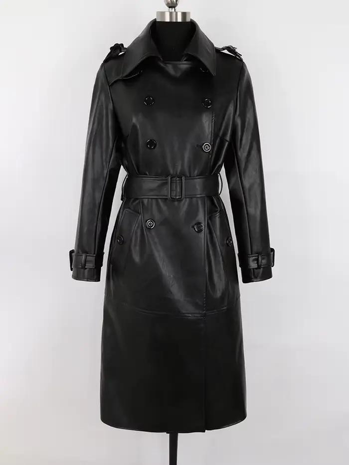 Nerazzurri-Manteau Long en Faux Cuir Doux pour Femme, Pardessus Élégant, Double Boutonnage, Ceinture