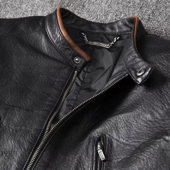 Veste de moto en cuir véritable pour hommes, manteau en peau de mouton, style court, printemps et au