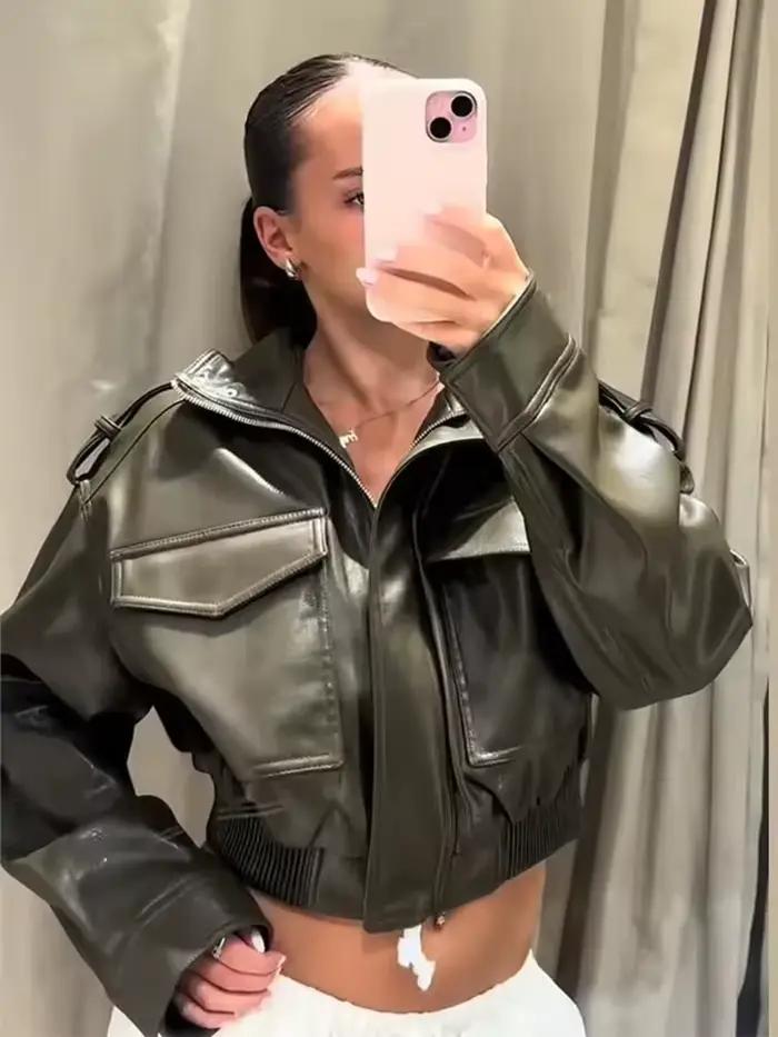 Nouvelles Vestes Courtes Décontractées en Similicuir Chic pour Femme, Coupe Ample avec Fermeture Écl