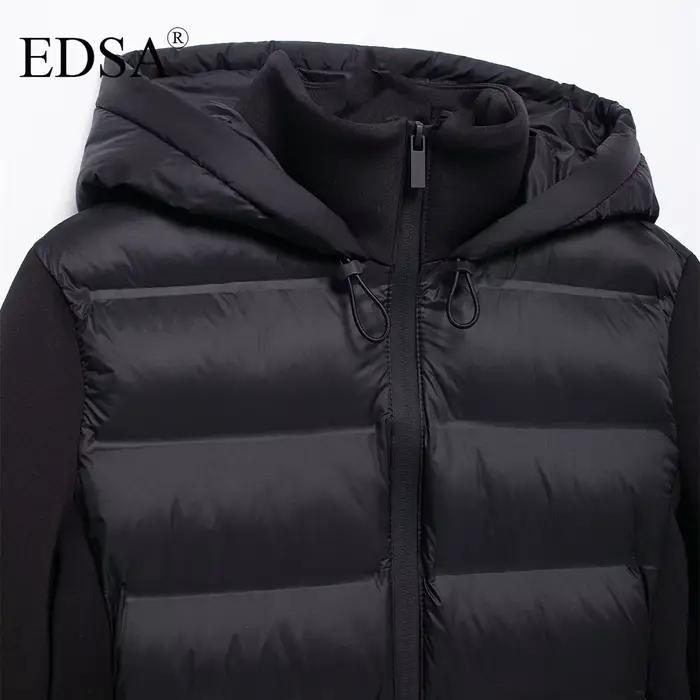 EDSA Veste rembourrée noire pour femme, capuche réglable avec bouchons, col haut, manches longues, p