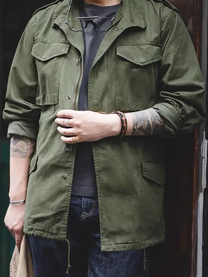 Veste de terrain M65, veste militaire pour hommes, veste rétro à col multi-poches avec fermeture écl