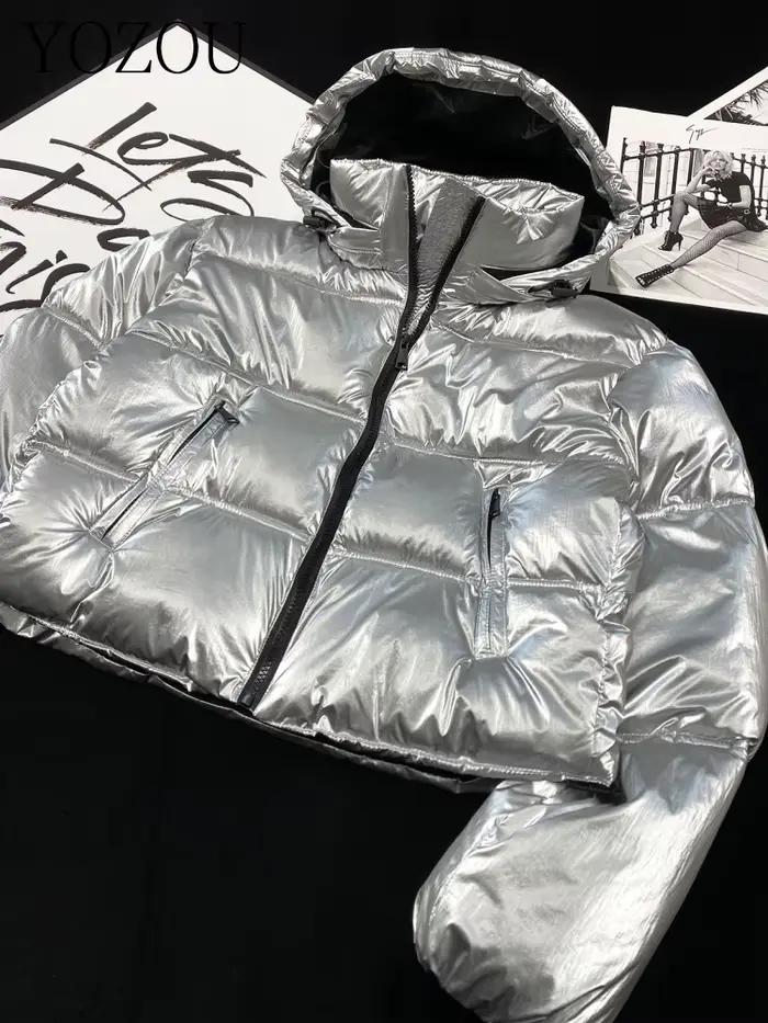 [YOZOU] chaud hiver argent brillant à capuche rembourré veste matelassée femme Parkas courts Y2k cor