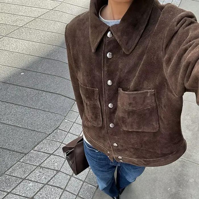 Vestes courtes en daim marron pour femmes, grandes poches, revers Vintage, simple boutonnage, manche