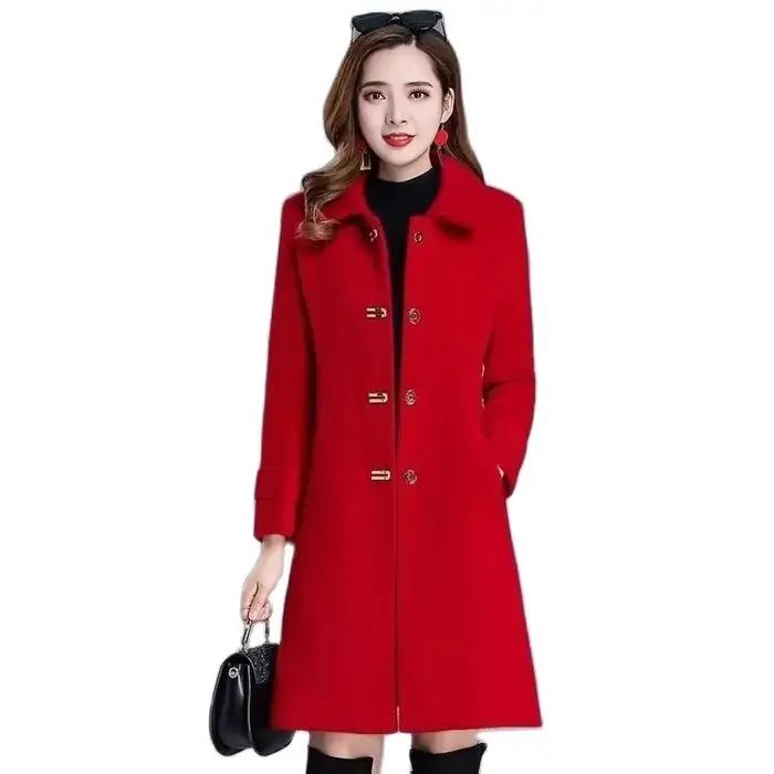 Manteau en velours de vison coupe couvertes pour femme, veste en laine rouge, mi-long, mince, décont