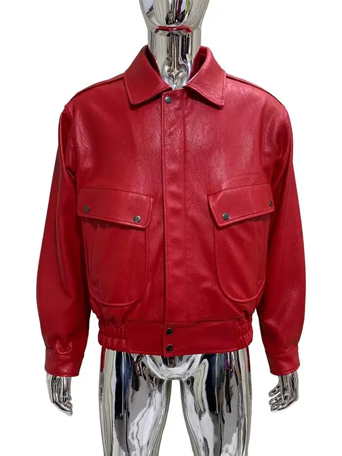 Veste courte en cuir Pu pour hommes, Cool, jaune vif, col rabattu, rouge, luxe, mode européenne, vêt