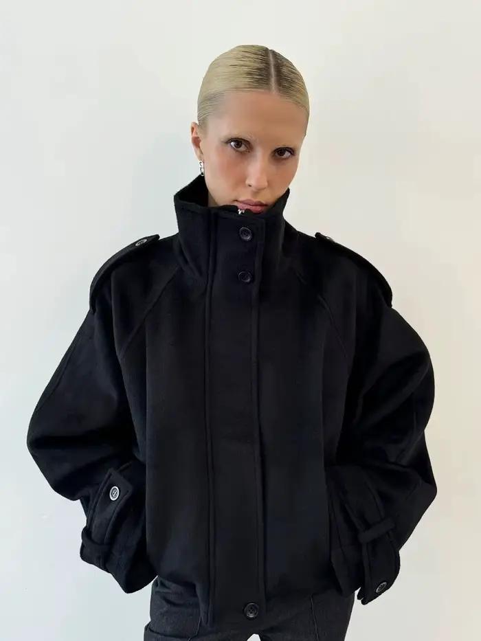 Manteaux pour femmes à col montant, vestes amples, épaulettes tendance, manches longues, fermeture é