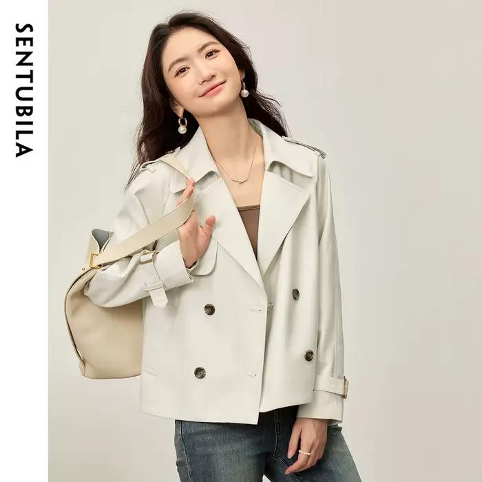 Manteau Trench Croisé SENTUBILA pour Femme, Printemps-Automne, avec Manches Ajustables, Collection A