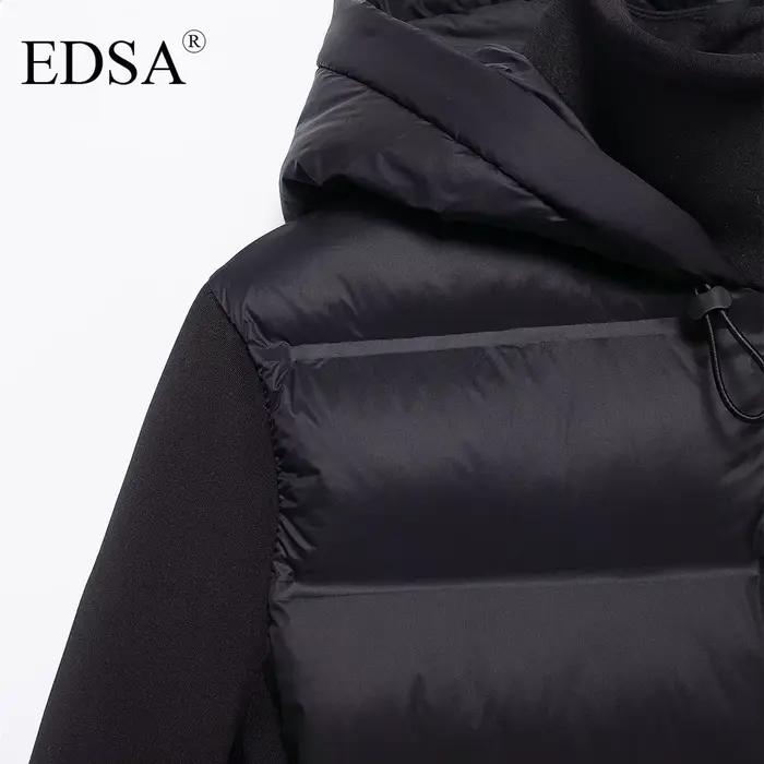 EDSA Veste rembourrée noire pour femme, capuche réglable avec bouchons, col haut, manches longues, p