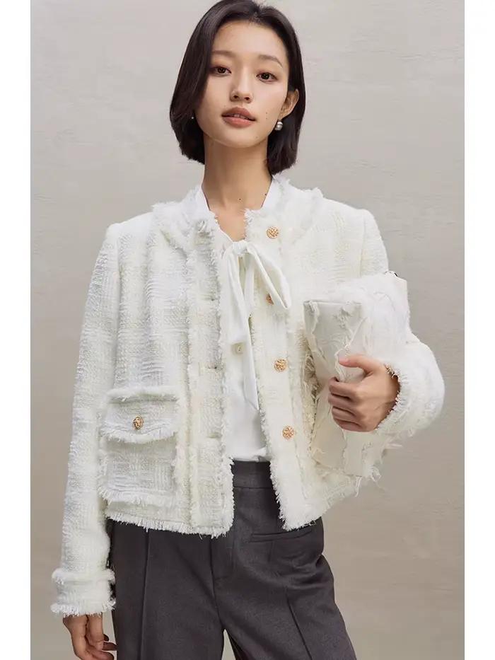ZIQIAO-Manteau Blanc à Bord Brut pour Femme, Veste à Col Rond, Haut en Laine, Élégant et Chic, Style