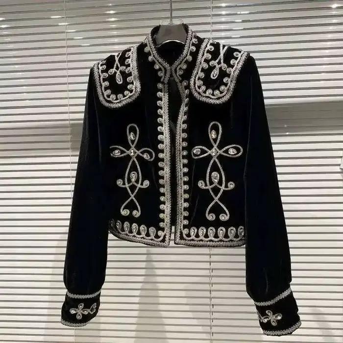 DEAT femmes Vintage diamant bouton tressé Floral velours veste nouveau à manches longues mode printe