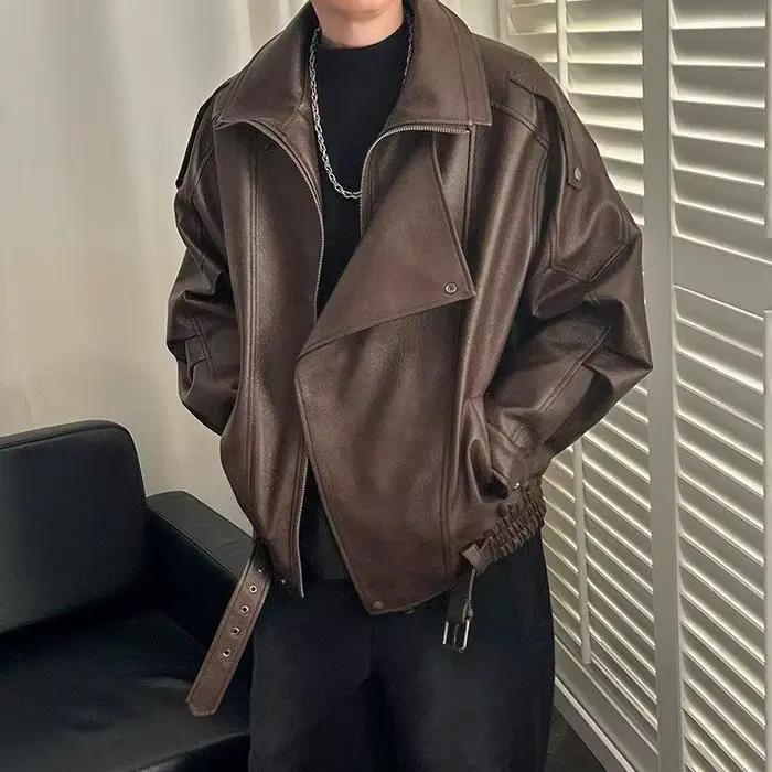 Blouson en cuir pour homme style motard à double col, design rétro américain, sensation cool et élég