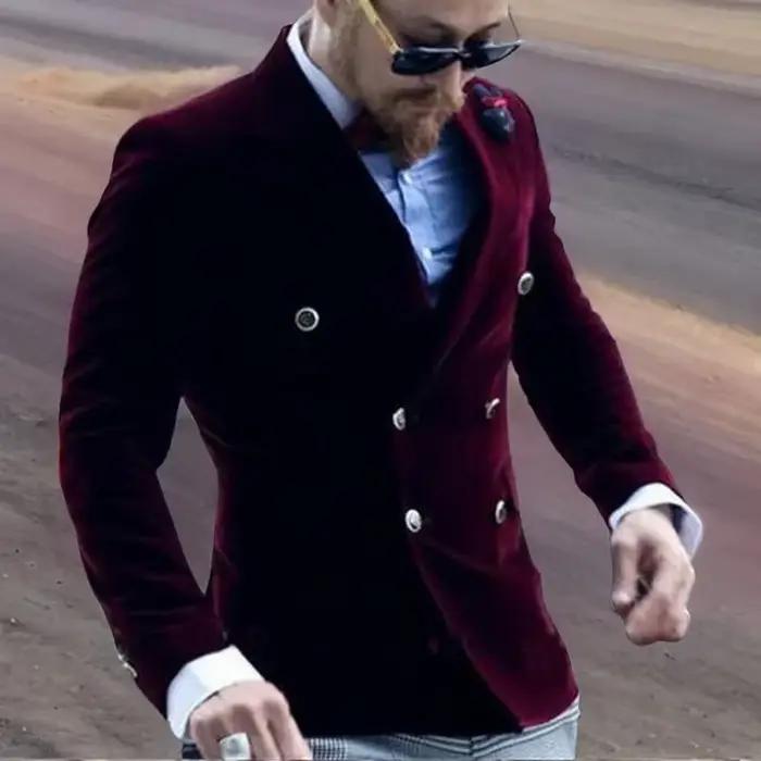 Veste de fumée en velours bordeaux pour hommes, coupe cintrée, Double boutonnage, costume décontract