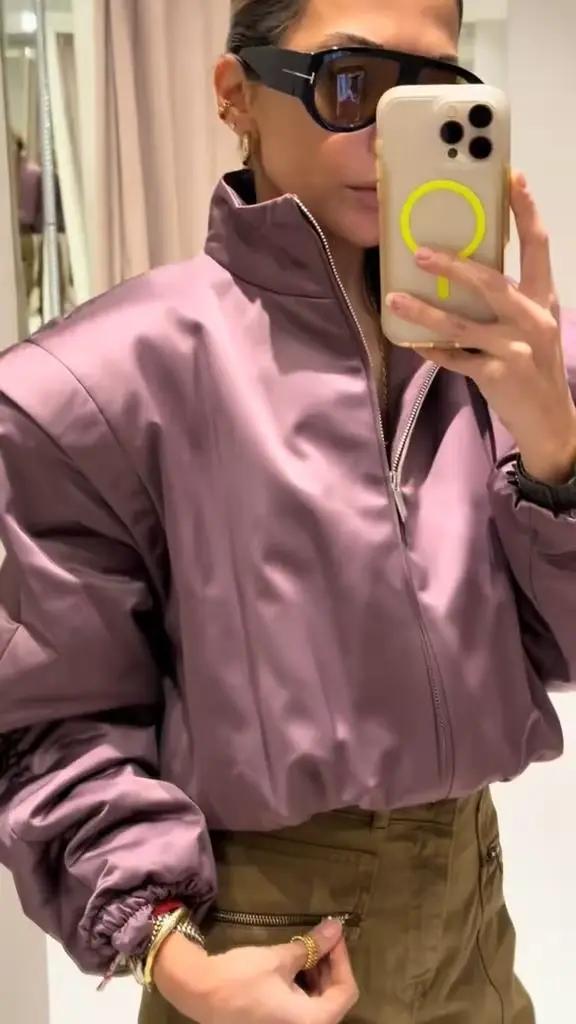 Veste matelassée violette pour femme, coupe oversize chic, col montant, manches longues, nouvelle co
