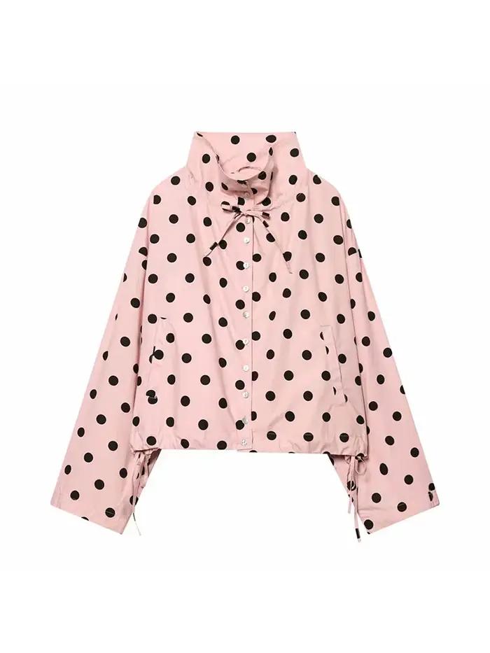 Veste rose à pois à manches longues pour femme, manteau décontracté à col montant et simple boutonna