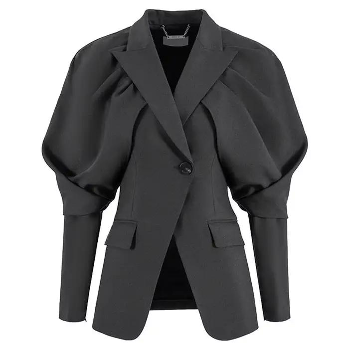 Blazer de Style français pour femme, revers cranté, un bouton, manches épissées, veste froissée