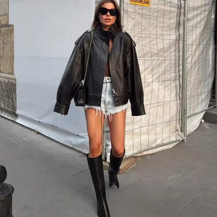 KONDALA Chic vestes en cuir noir boutons de fermeture éclair manteaux surdimensionnés mode 2025 auto