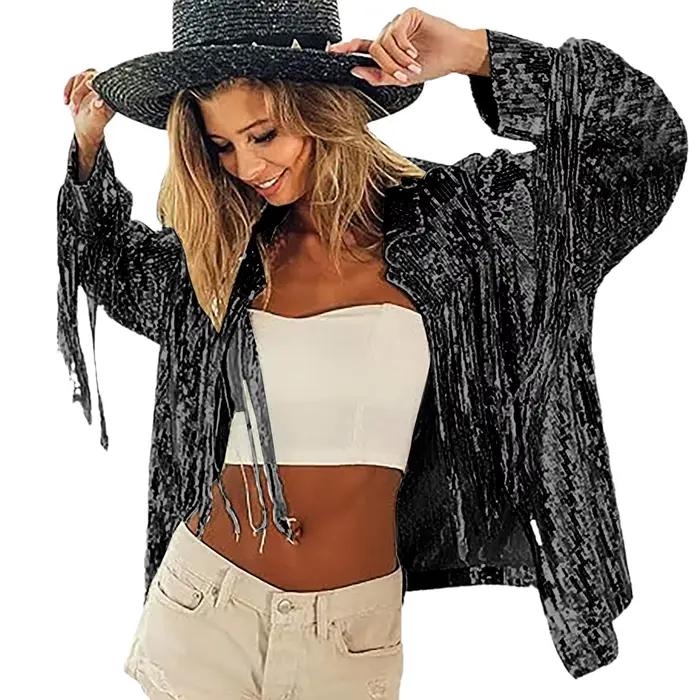 Veste d'hiver à franges pour femmes, thème campagnard, veste à paillettes mignonne, tendances patien
