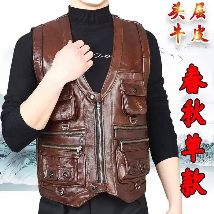 Veste de moto marron en cuir de vachette véritable pour hommes, gilet masculin, vêtements de motard,