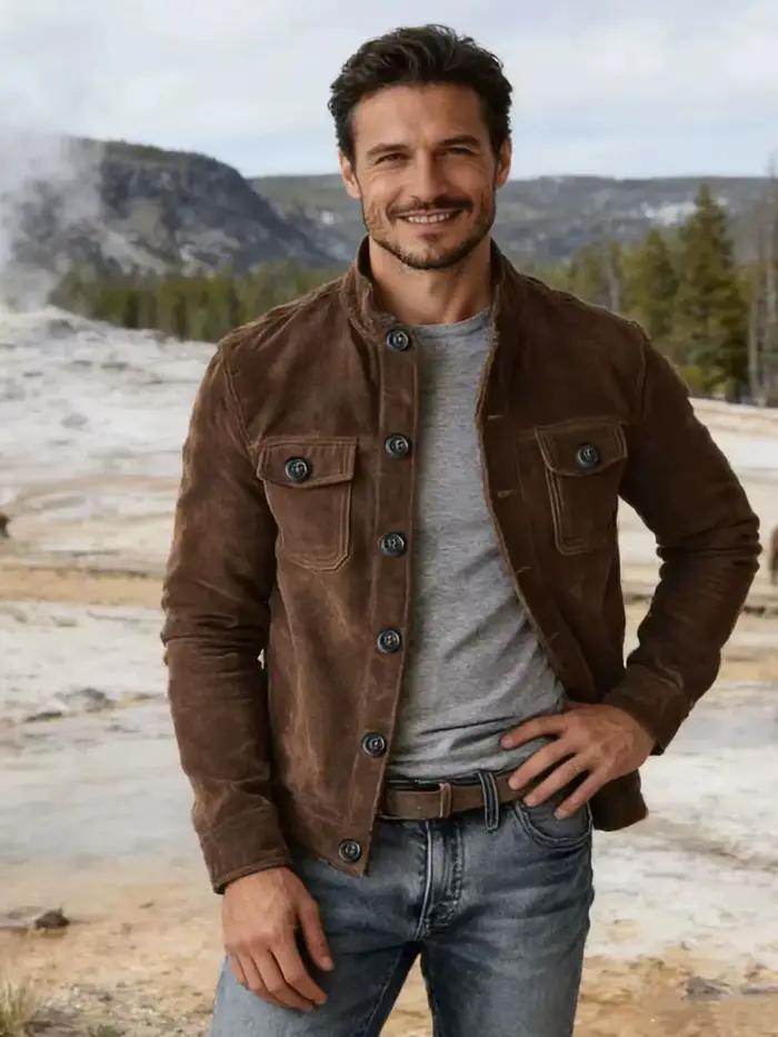 Veste de travail rétro en daim pour homme |   Design à revers, style américain classique