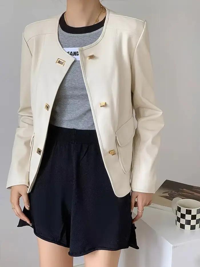 Xiaoxiangfeng Veste courte en cuir véritable pour femme, peau de mouton, chemise de moto, mode print