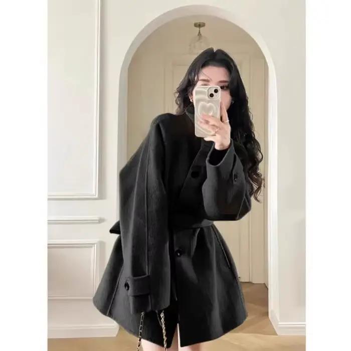 Manteau en tweed couleur kaki grande taille pour femme, style court, système coréen, nouvelle collec
