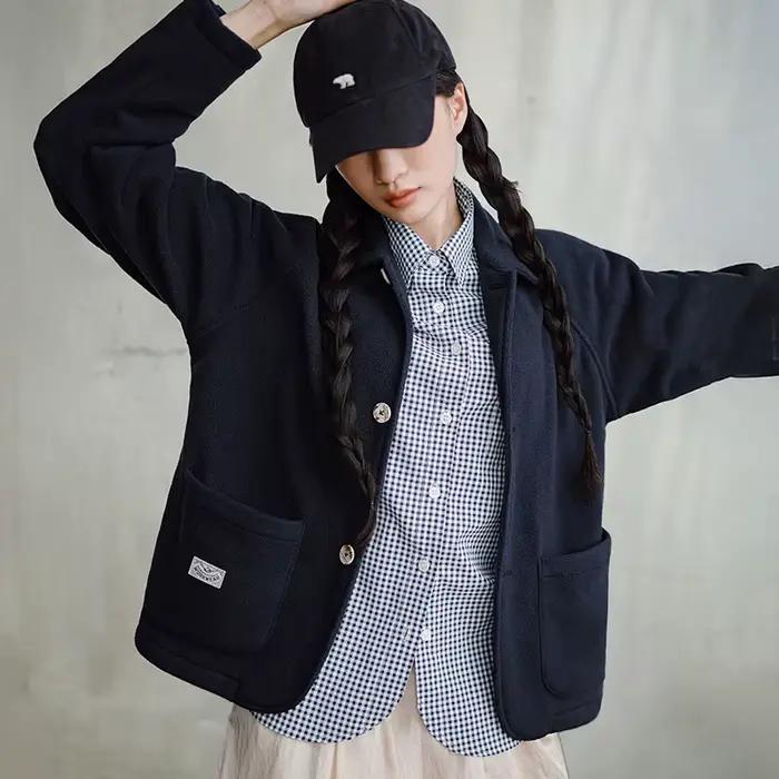 Maden femmes polaire revers veste chaude 290gsm simple boutonnage couleur unie décontracté hauts manteau pour automne hiver vêtements d'extérieur