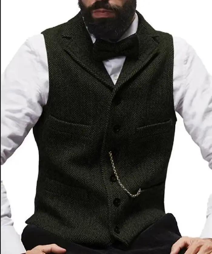 Manteau à chevrons en laine à col en V à revers pour hommes