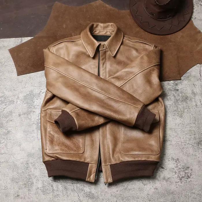 Veste d'hiver en cuir kaki pour hommes