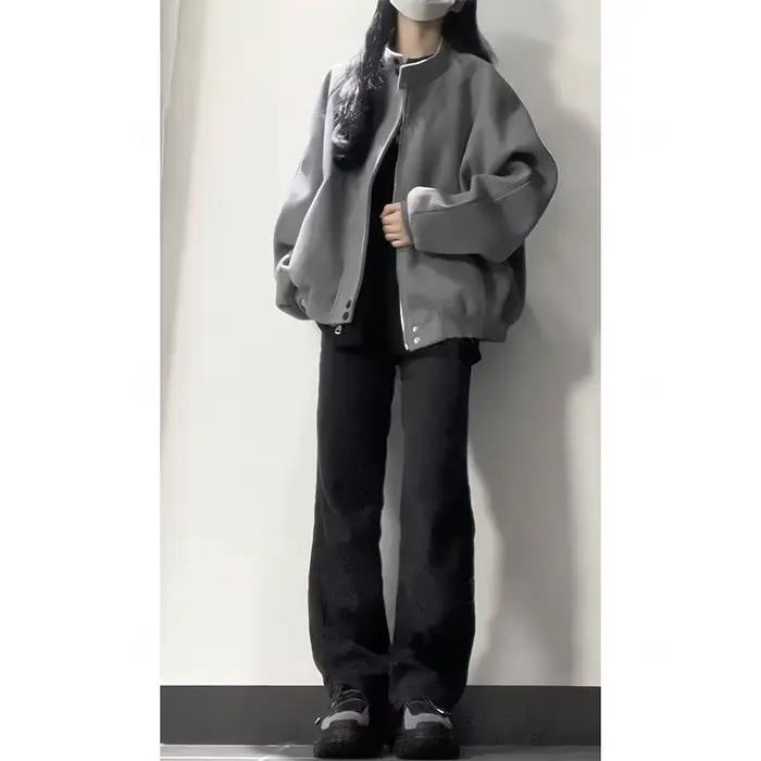 Veste Vintage grise haut de gamme en daim texturé avec col montant pour femmes, nouvelle veste bombardier polyvalente de printemps et d'automne