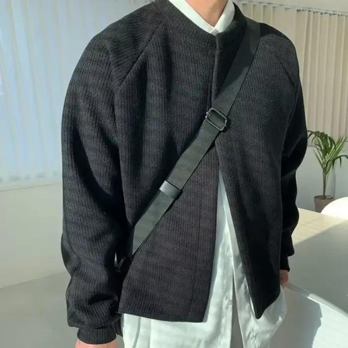 Pullover-Cardigan Court à Col Rond pour Homme, Vêtement Ras du Cou, Couleur Unie, Couleur Unie
