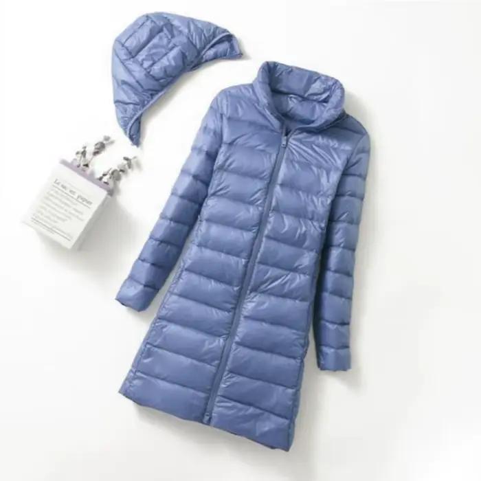 Doudoune mi-longue à col vertical pour femme avec capuchon amovible style coréen coupe cintrée chaude pour automne et hiver nylon doublure duvet de canard blanc fermeture éclair