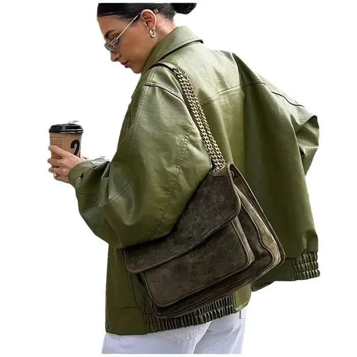 Veste en simili cuir pour femme, manteau à revers cranté, Style de rue, Vintage, vert Olive, rétro, urbain, automne-hiver 2025