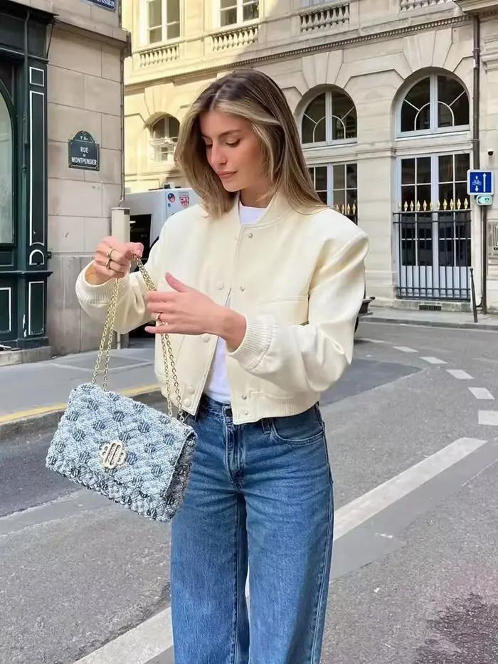 MUJER 2025 femme Bomber veste blanc automne hiver bouton recadrée vestes pour femmes mode à manches longues