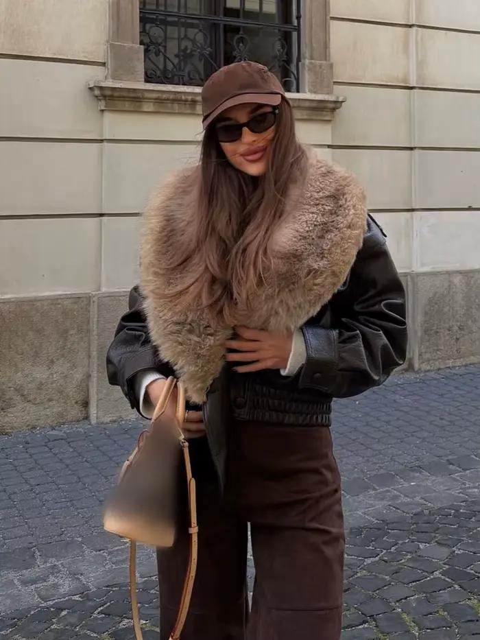 HH femmes hiver décontracté manteau court fausse fourrure effet revers mode veste ample femme poche bouton décoration Chic chaud vestes