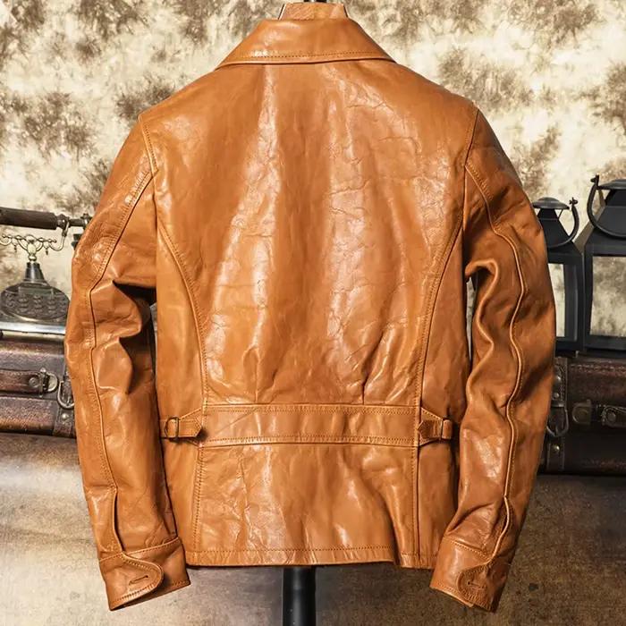 Veste d'automne en cuir Orange pour hommes, Style rétro, grande taille 4XL, véritable cuir de vache naturel, col rabattu, manteau en cuir