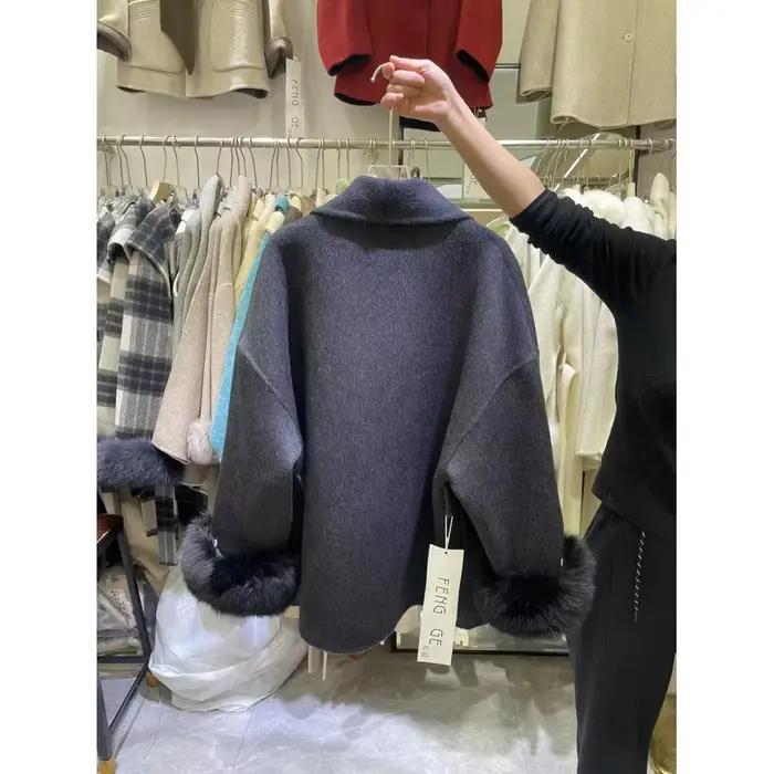 Manteau court en laine double face pour femme, élégant, avec fourrure de renard amovible, style navette, épaisseur moyenne, col polo, manches longues