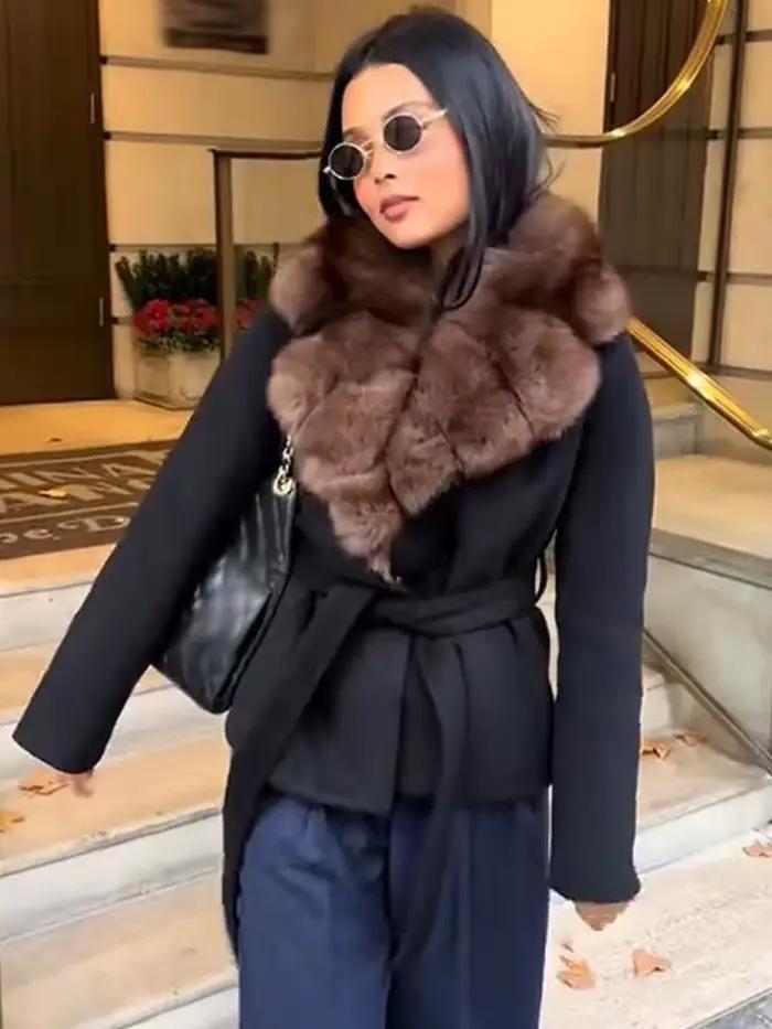 HH femmes hiver mode manteaux noir col rabattu manches longues poches ceinture décoration femme élégant mince