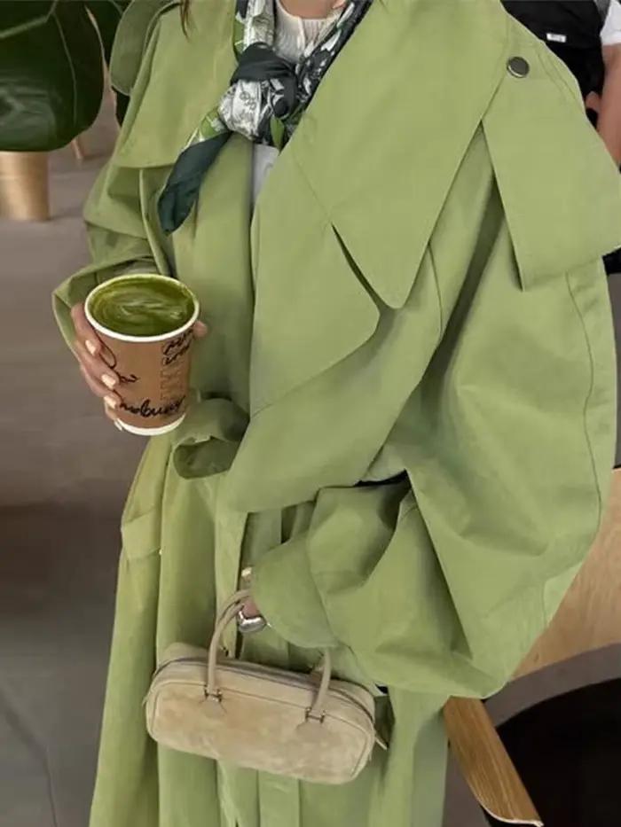 Veste longue unie à lacets sur le devant pour femme, manches bouffantes longues, ample, décontractée, polyvalente, manteaux tendance, nouvelles vestes pour femmes automne hiver 2025