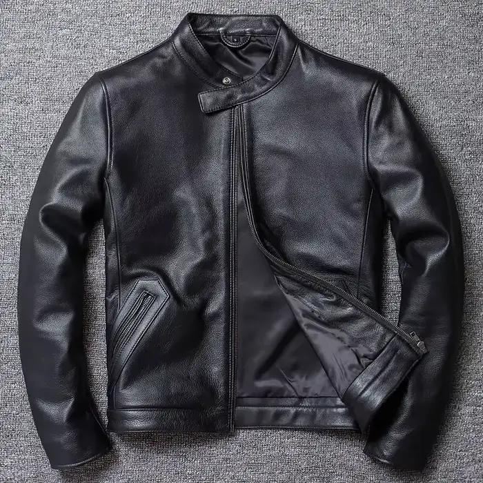 Veste de moto en cuir véritable pour homme