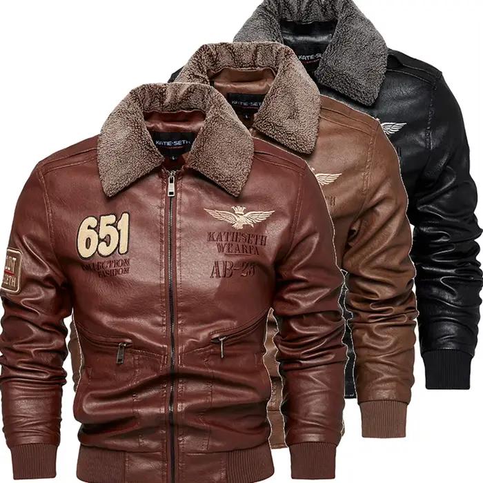 Veste en cuir brodé pour homme, style moto et aviateur, doublure en laine, col rabattu, fermeture éclair, polyvalente pour automne et hiver