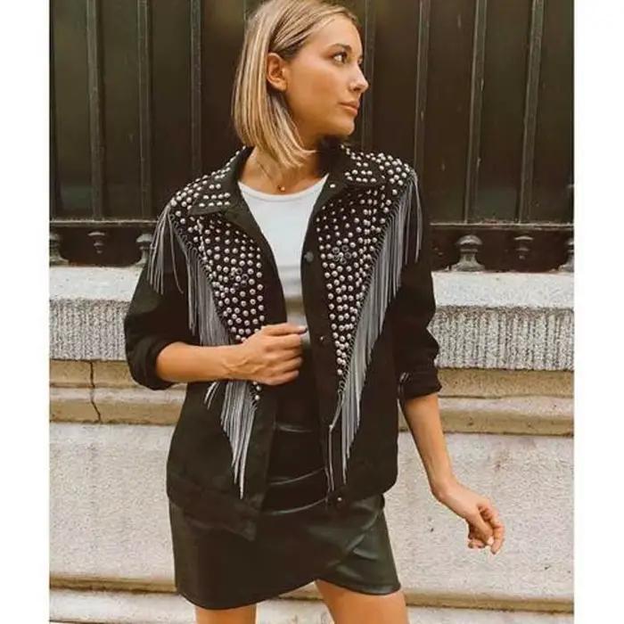 TEELYNN – veste en jean noir style Boho pour femmes, manteaux à manches longues, vestes en jean à franges amples, rivets perlés, vêtements d'extérieur décontractés pour l'automne
