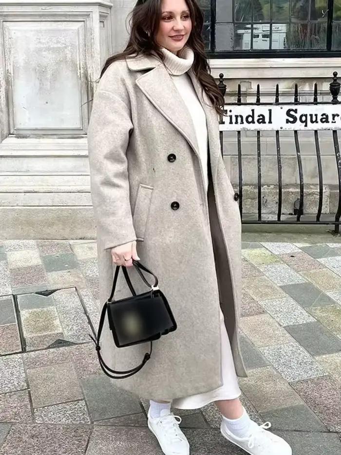 HH femmes hiver décontracté laine mélange cranté revers col manteau Chic Double boutonnage Trench manteaux surdimensionné femme longues vestes