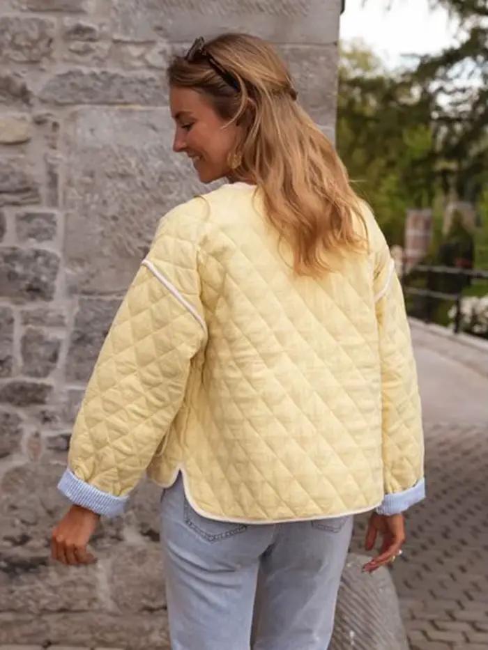Veste en coton matelassé jaune pour femme, col rond, poches, manches longues, vêtements d'extérieur, décontracté, Simple, à la mode, automne