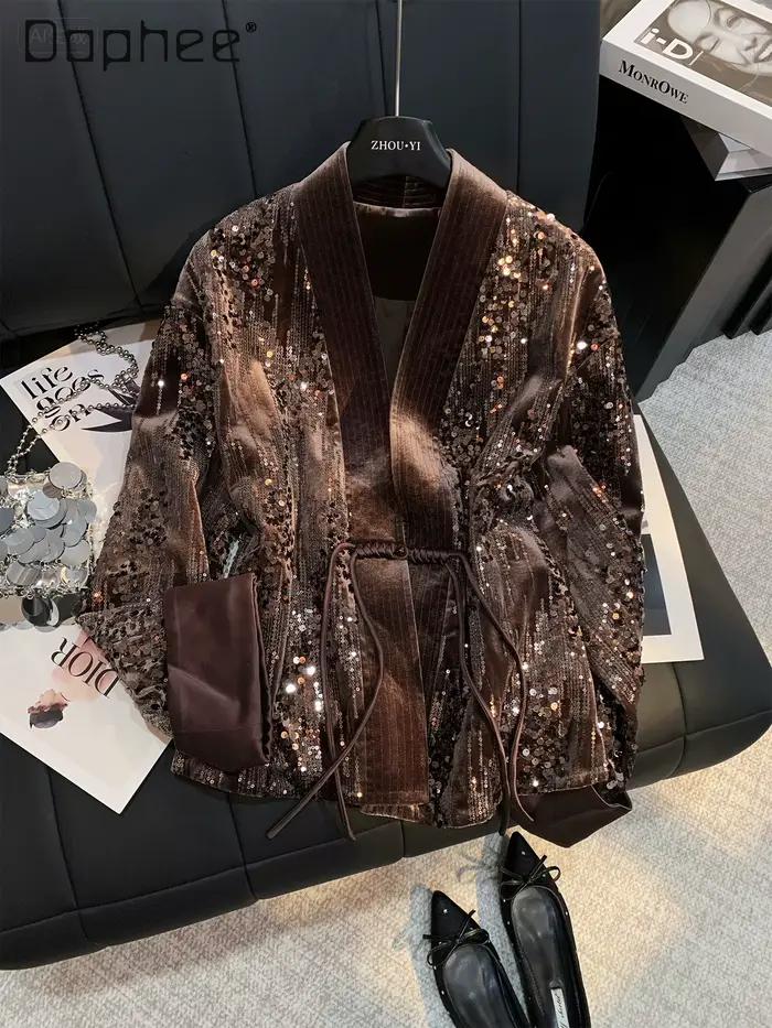Nouveau manteau en velours à sequins lourds de style chinois pour femmes, élégant, col en V, coupe ajustée et ample, tendance, haut de gamme