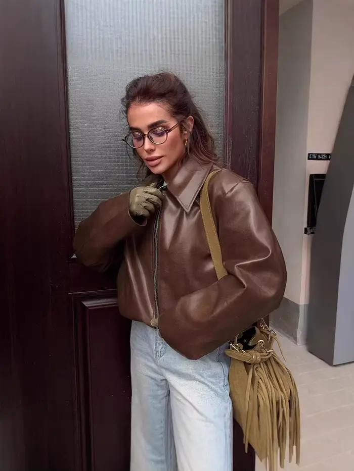 Veste d'extérieur courte en Faux cuir pour femme